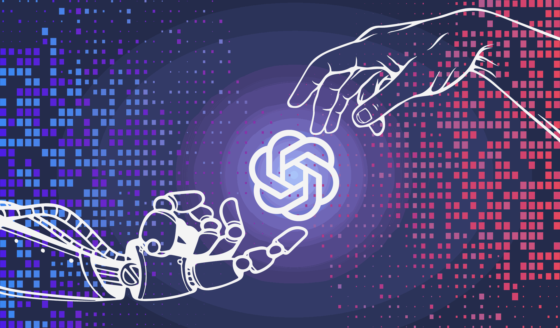 una mano humana y una mano de robot juntandose en el logo de chatgpt