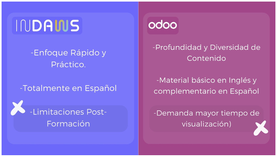 comparación Indaws academy y Odoo academy pros y contras