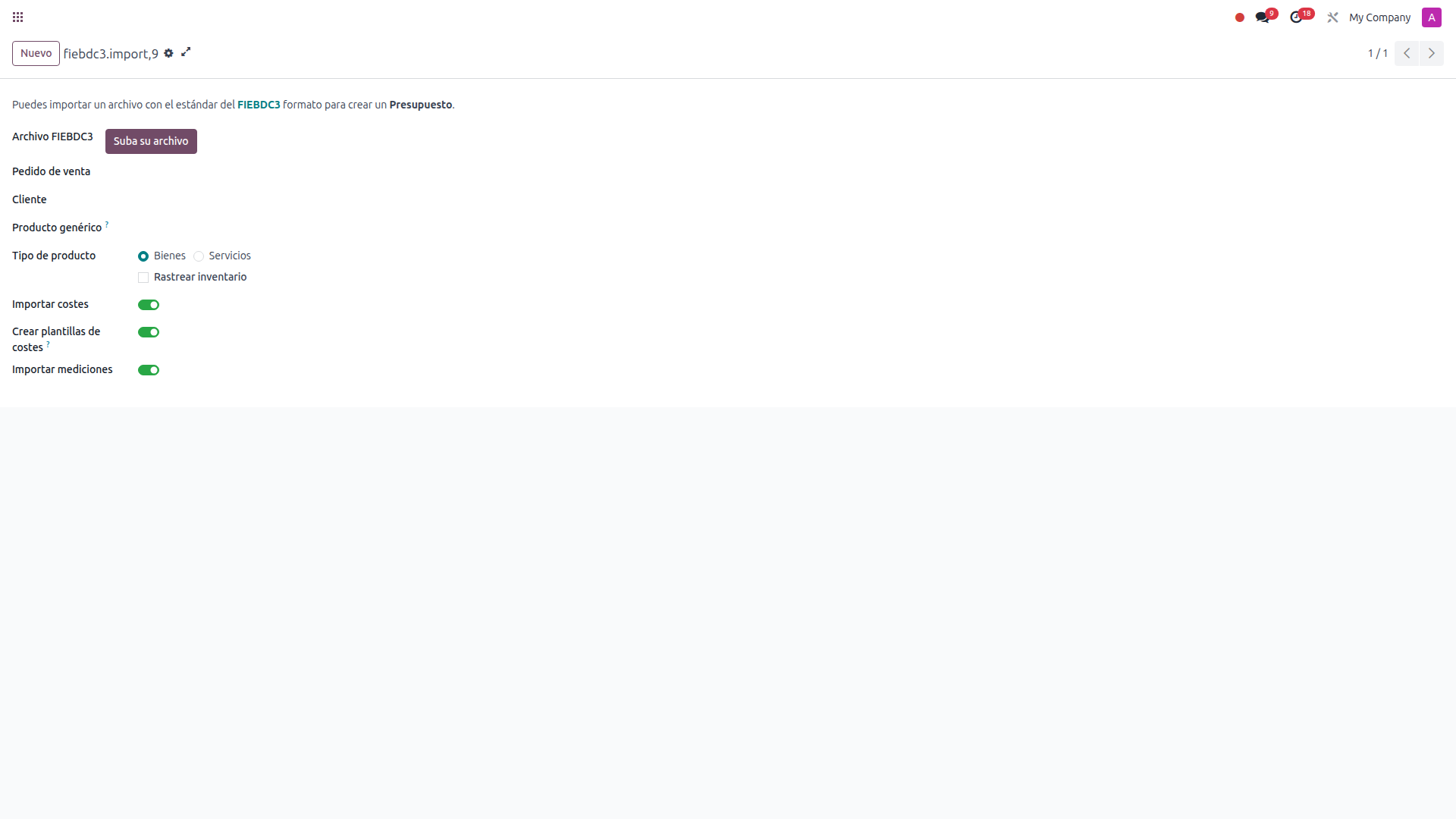 Asistente de importación BC3 en Odoo con opciones de configuración