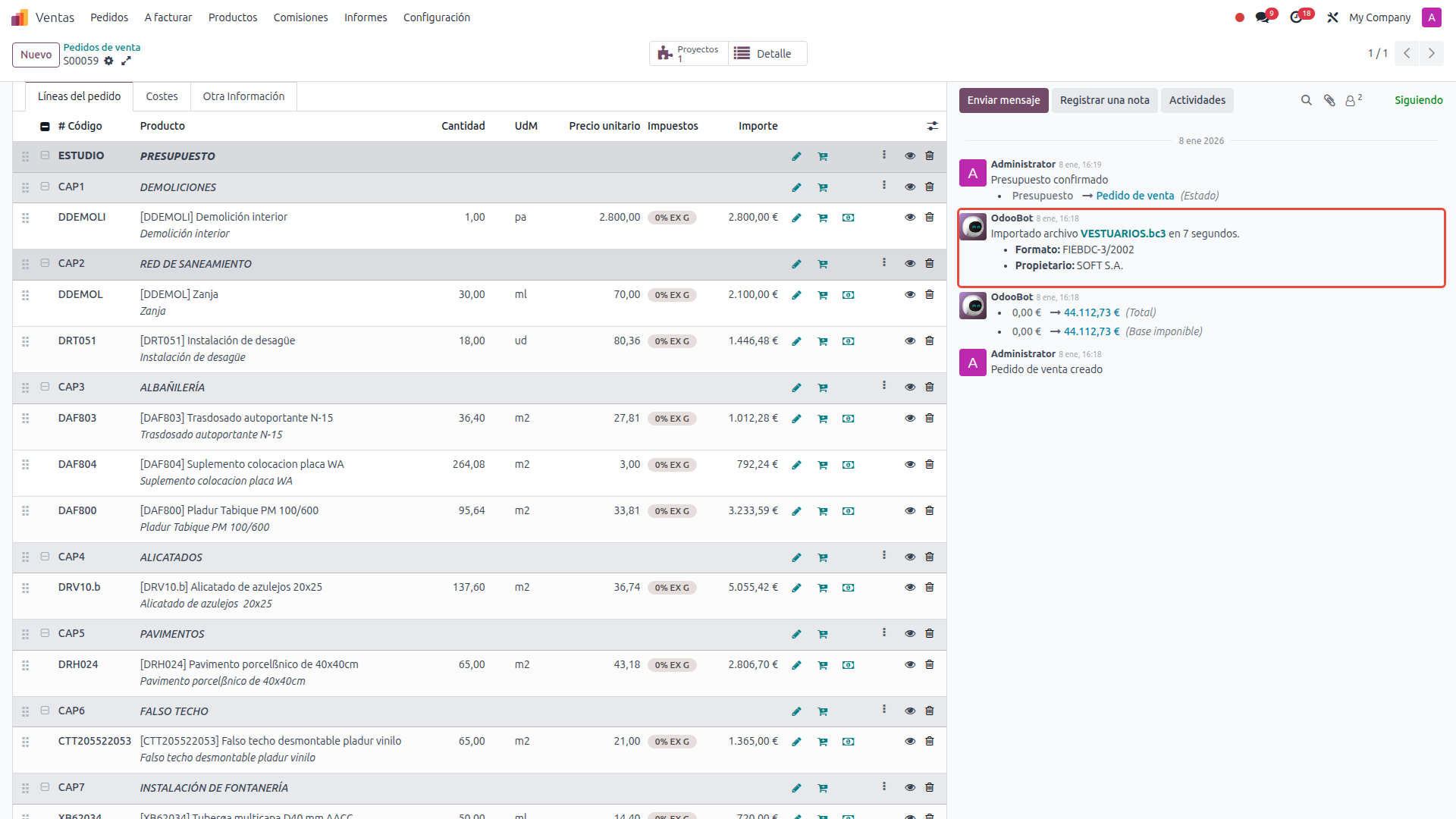 Mensaje de confirmación tras la importación BC3 en Odoo