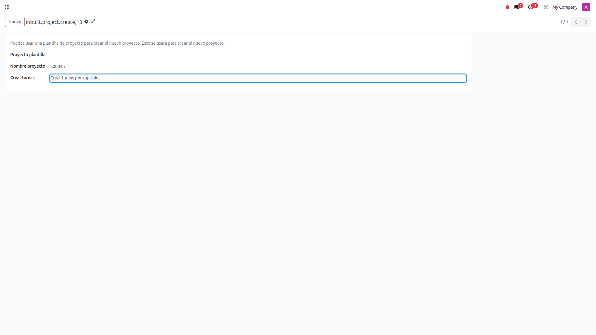 Asistente de creación de proyecto con la opción de crear tareas por capítulos seleccionada