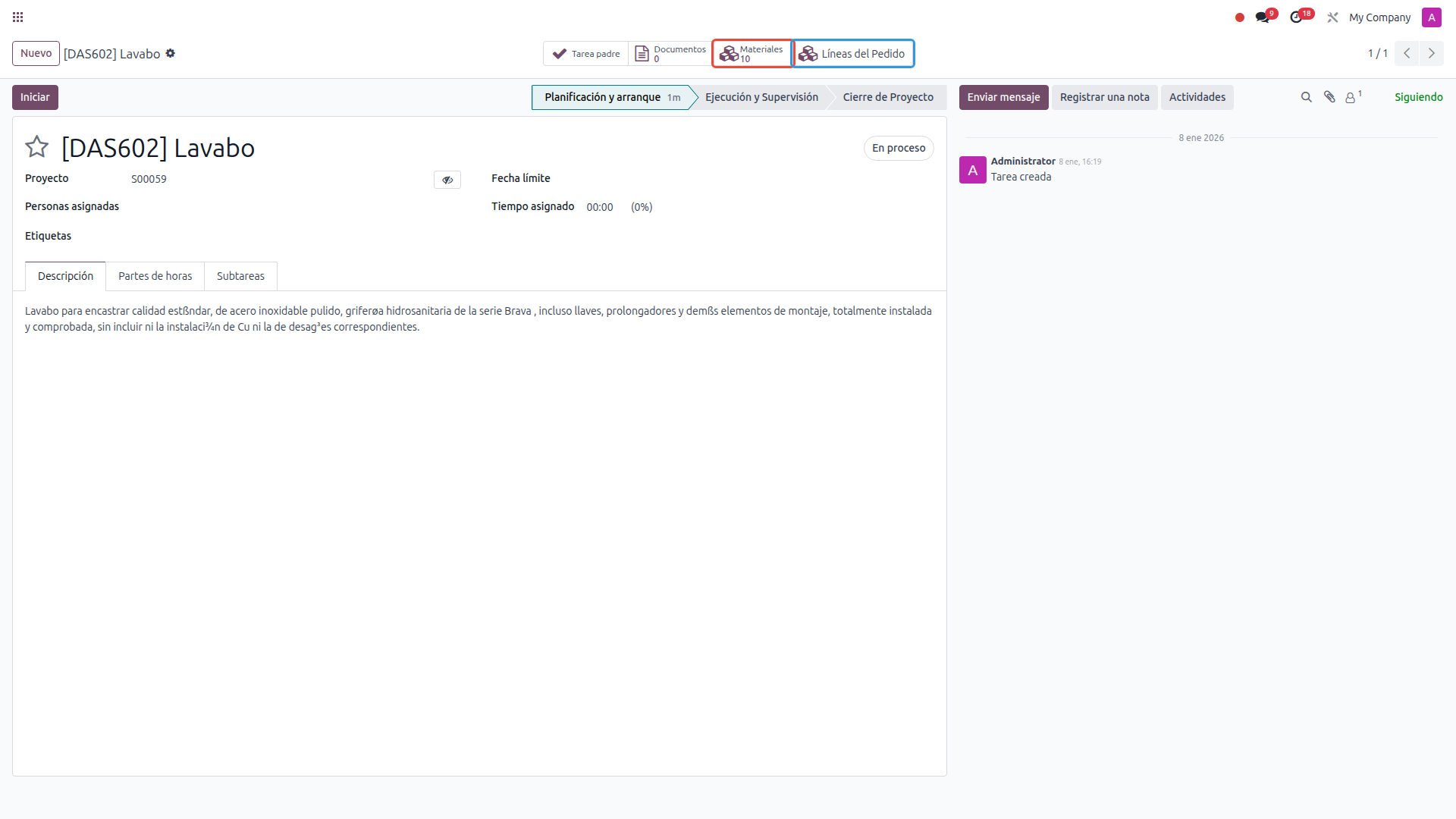 Tarea de proyecto con el botón Materiales mostrando los productos asignados automáticamente