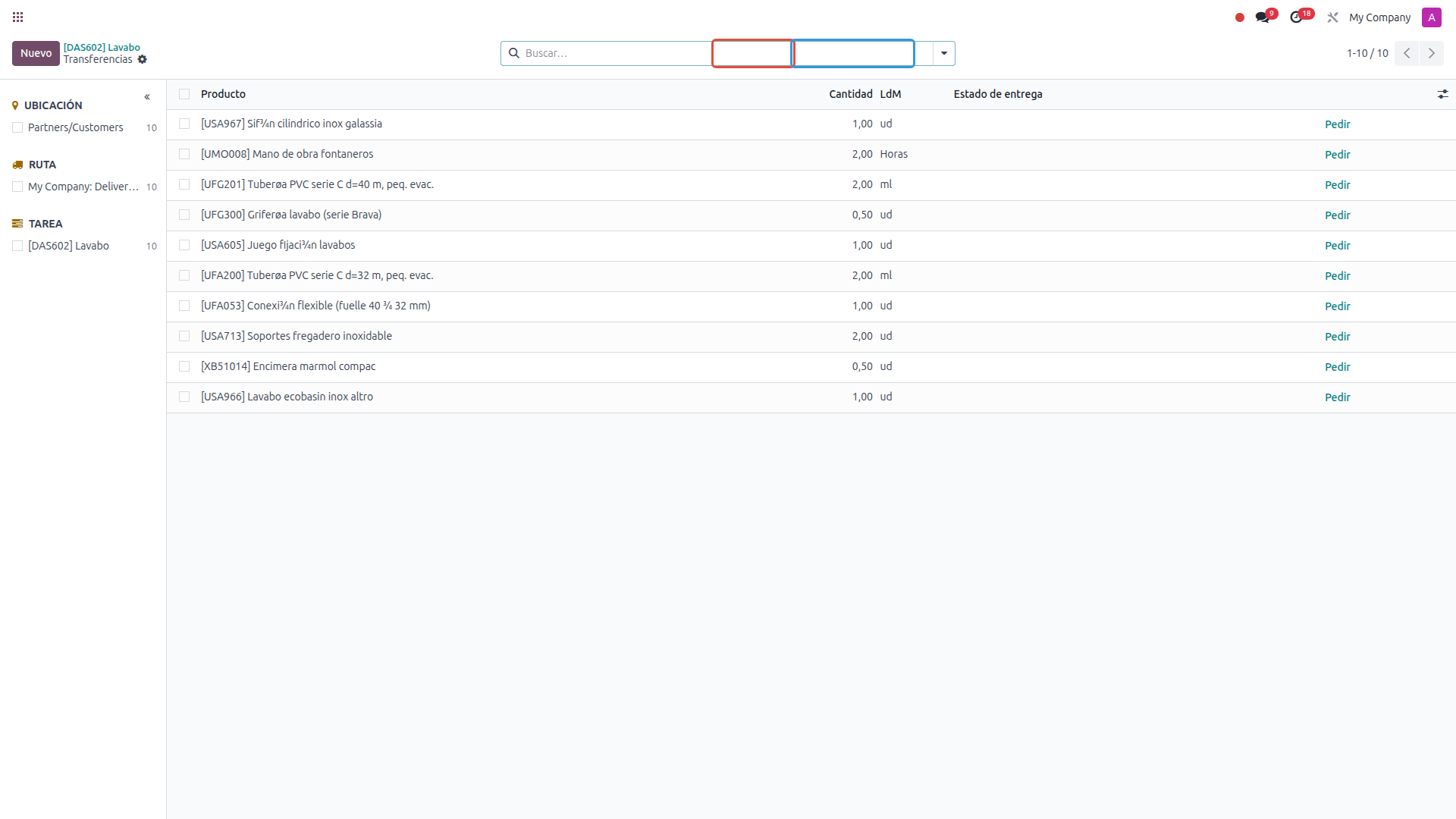 Lista de materiales de una tarea con productos, cantidades y rutas de aprovisionamiento