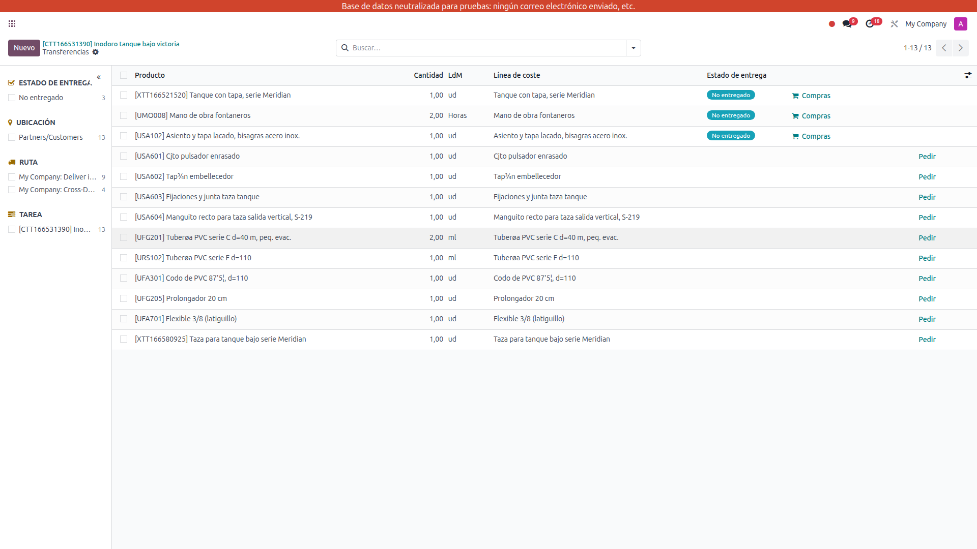 Materiales del proyecto con columna de línea de coste vinculada al presupuesto de venta